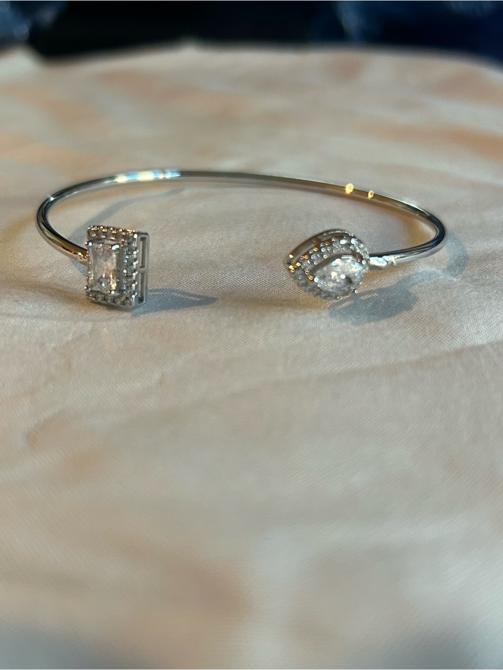 Silver Tone Open Cuff Bracelet with Clear Crystal Accents